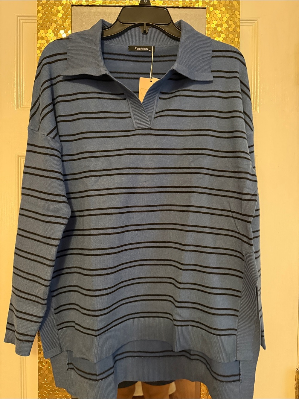 Blue Striped Polo Collar Knit Top